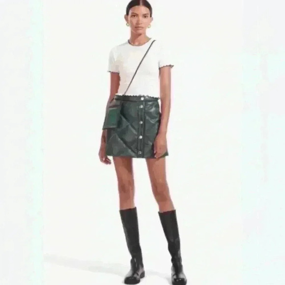 Staud Mini Skirt 6 Quilted Puff Faux Vegan Leather Green Snap Front Dice New S - Picture 2 of 8